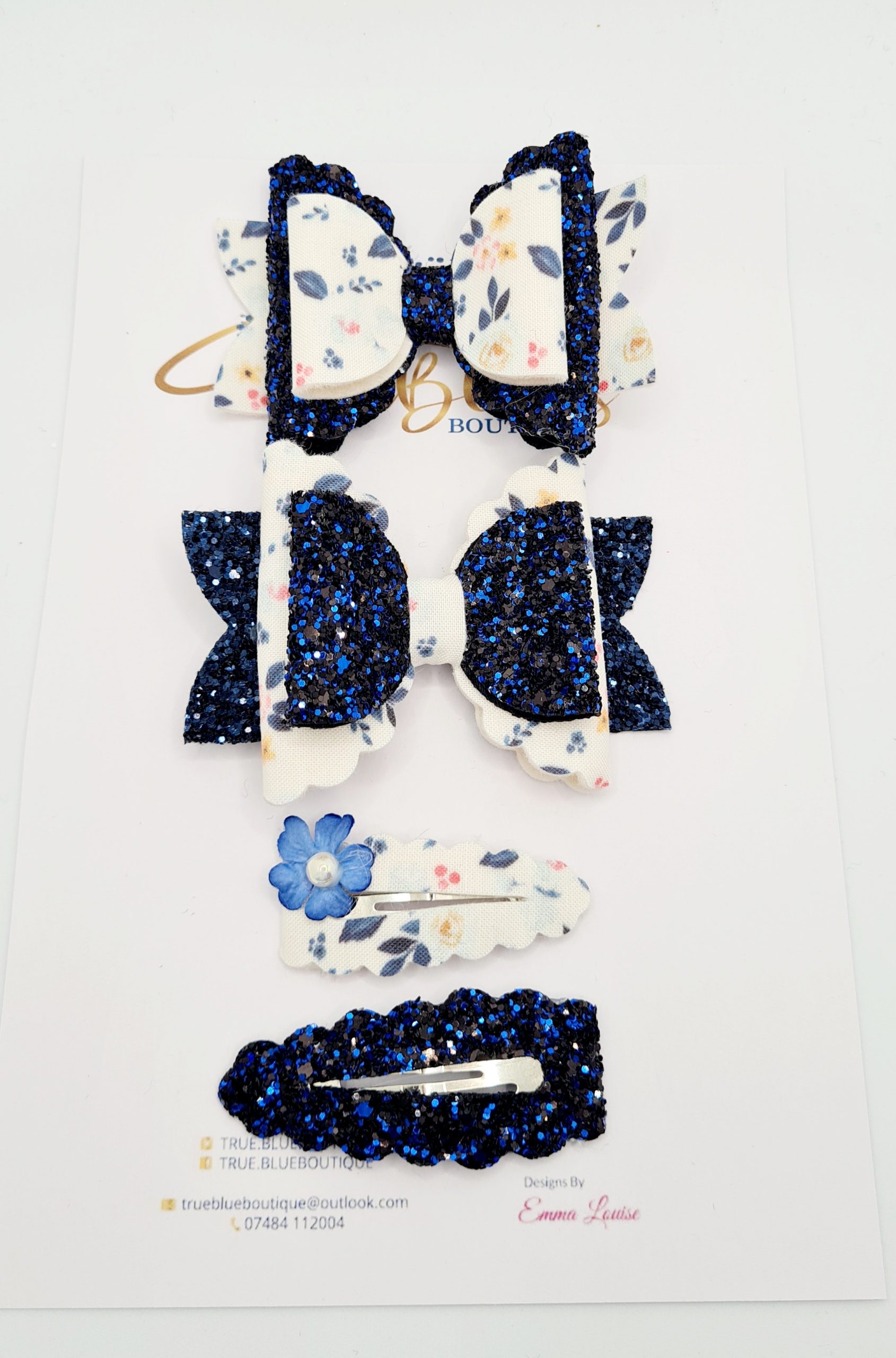 Navy floral 3.5-inch bow & clip set
