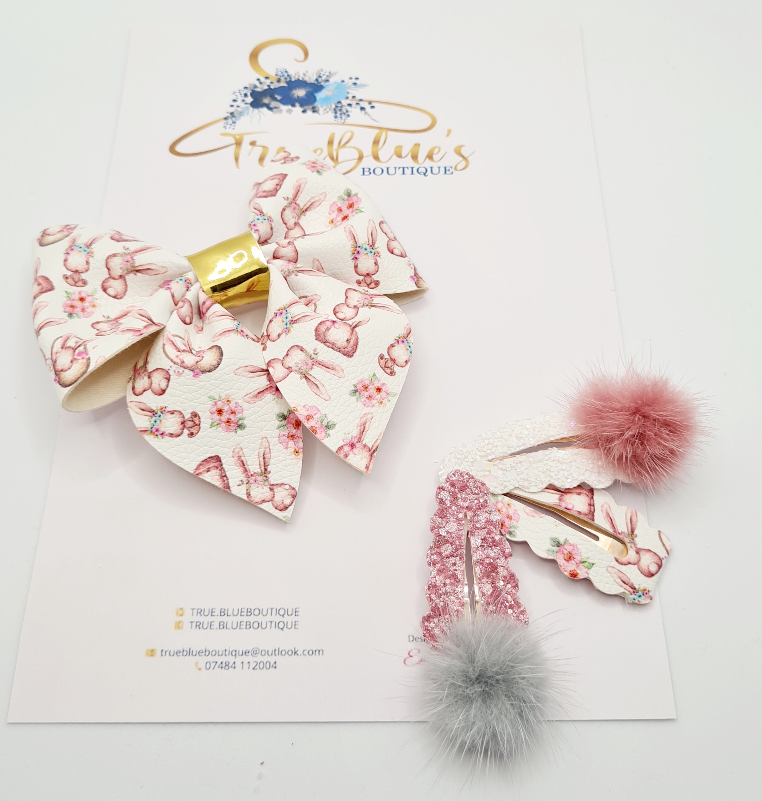 Pink bunny 3.5-inch pinch bow &clip set