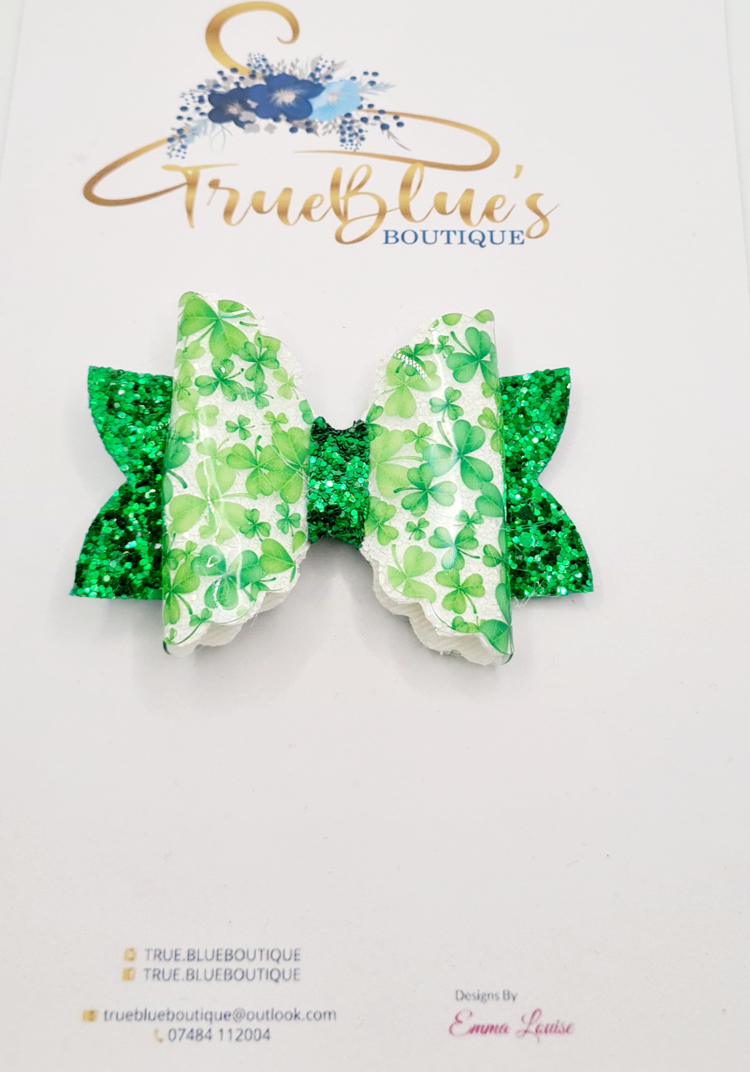 A transparent shamrock 3.5 inch bow