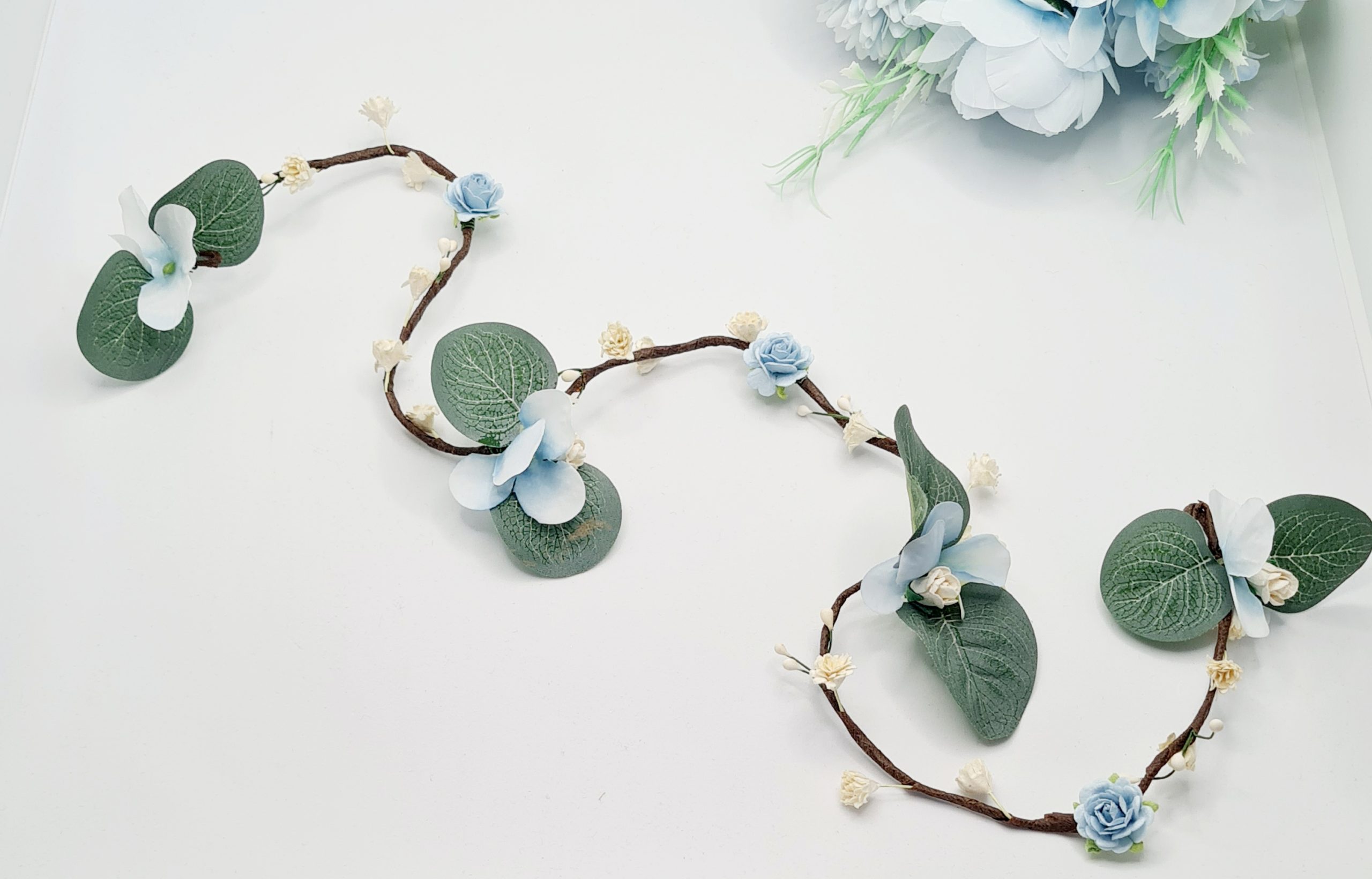 Azure blue rose hydrangea and eucalyptus flower hair vine - Image 2