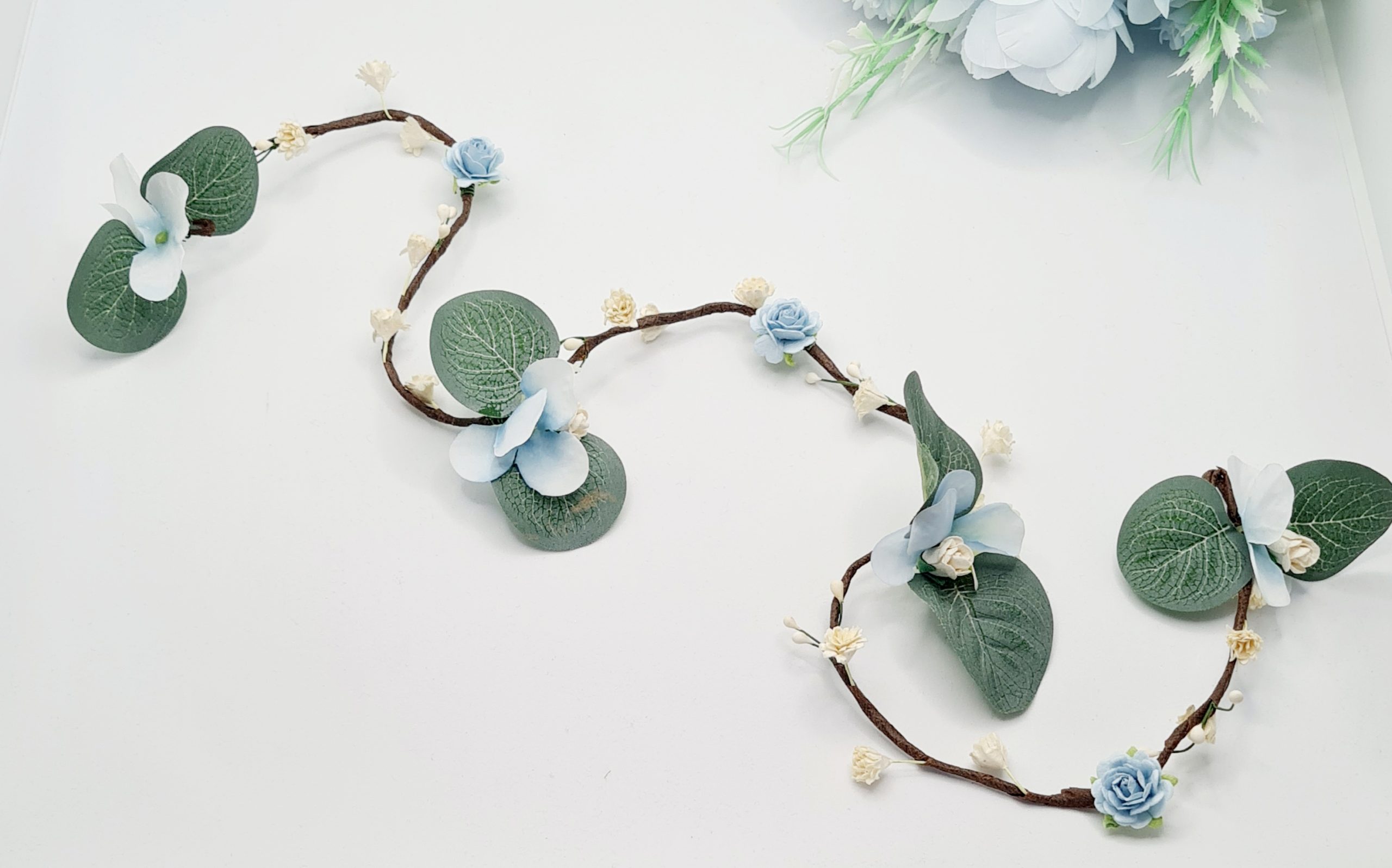 Azure blue rose hydrangea and eucalyptus flower hair vine - Image 3