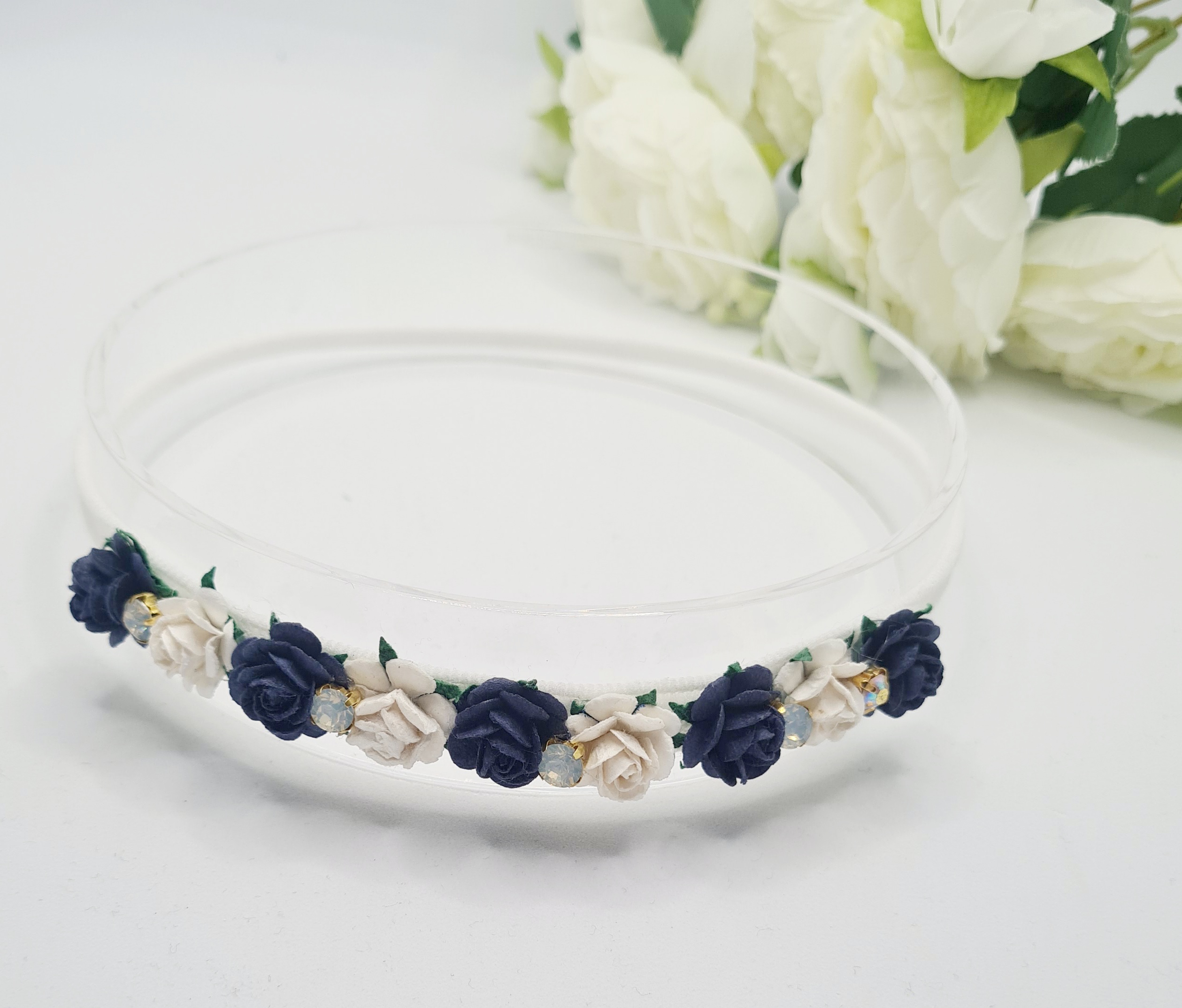 20230202_100542 Azure navy and white rose rhinestone nylon headband
