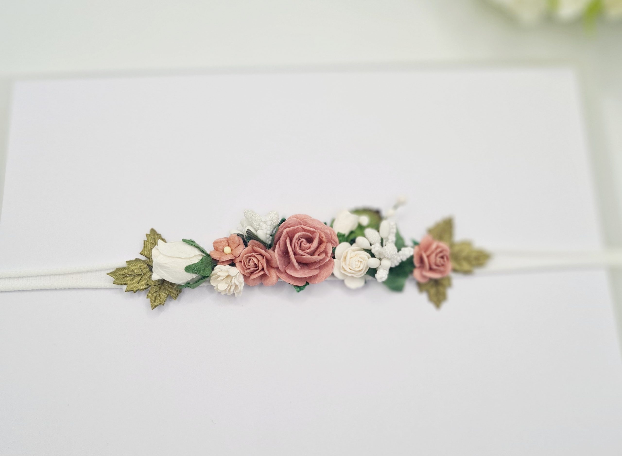 Zaria dusky pink rose & leaf nylon headband