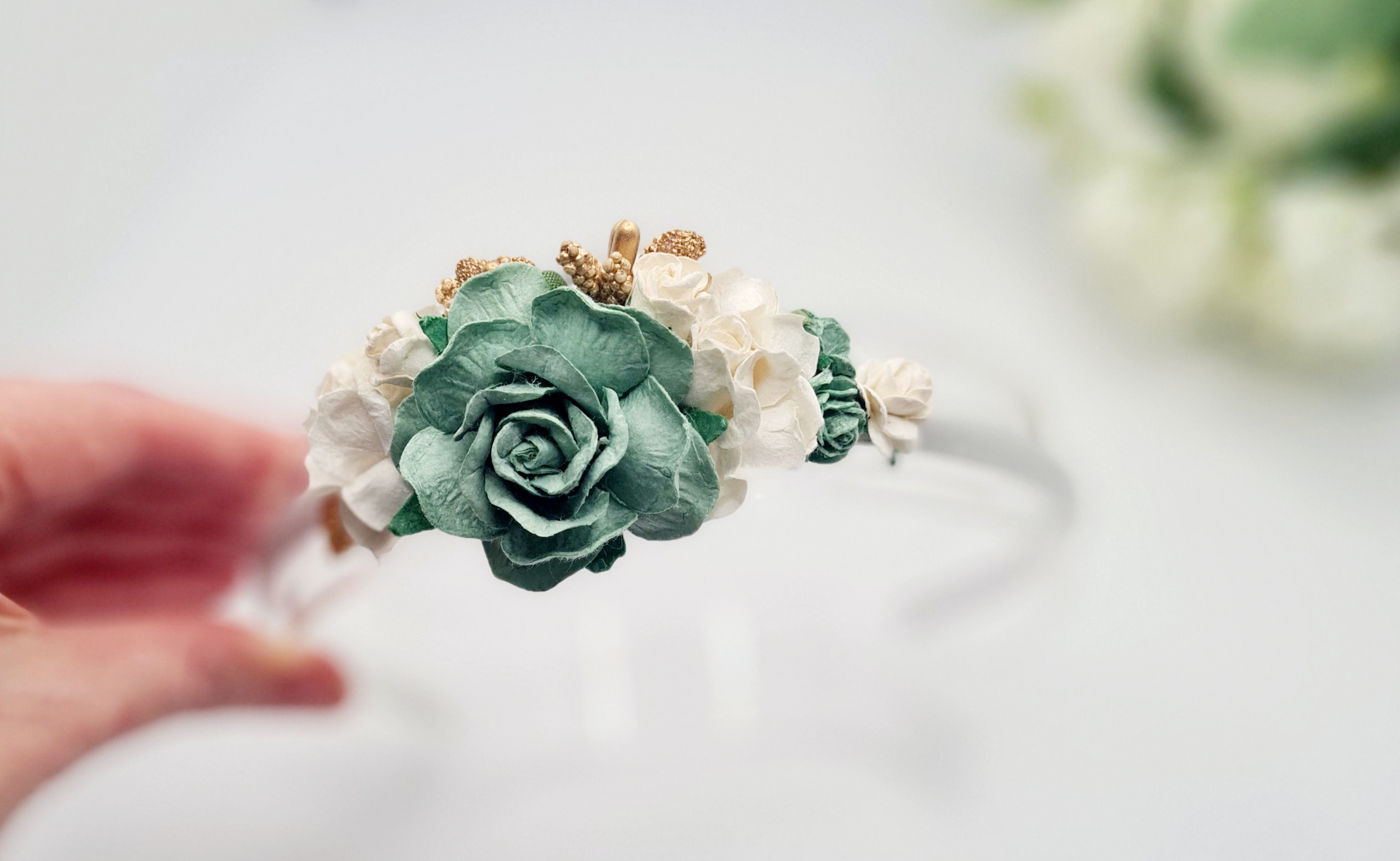 Esmeralda opens rose sage white and gold half headband